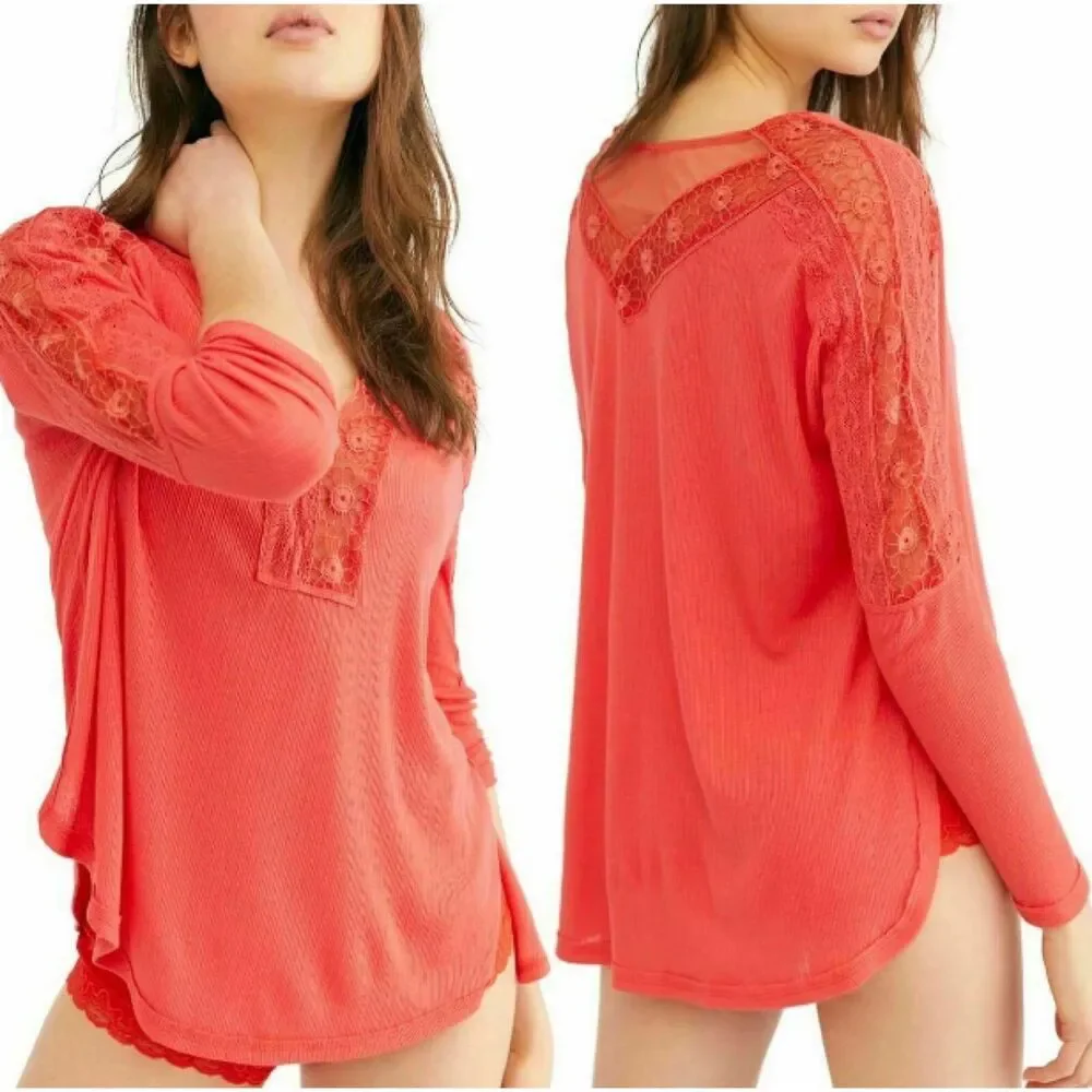 Free People Top Size XS Lola‎ Tee Embroidered Mesh Lace V Neck $78
